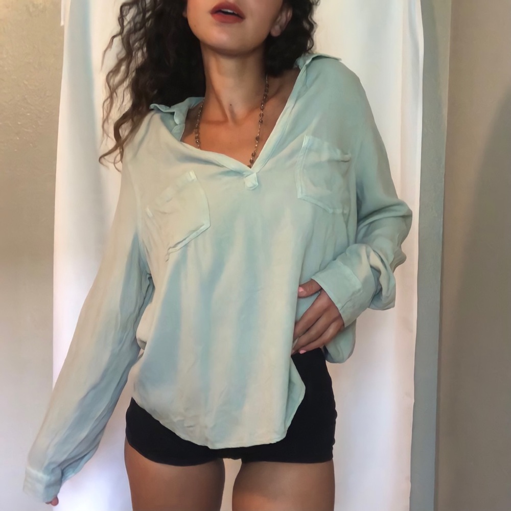 Mudd Clothing Pastel Khaki Green Collared Flannel Long Sleeve Blouse size L